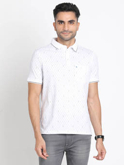 Turtle - Men Cotton Stretch White Printed Slim Fit Polo T-Shirt