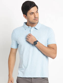 Turtle - Men Cotton Stretch Light Blue Printed Slim Fit Polo T-Shirt
