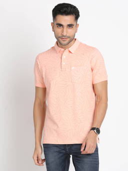Turtle - Men Cotton Stretch Peach Printed Slim Fit Polo T-Shirt