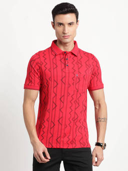 Turtle - Men Cotton Stretch Red Printed Slim Fit Polo T-Shirt