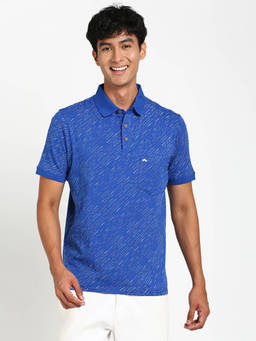 Turtle - Men Cotton Stretch Blue Printed Slim Fit Polo T-Shirt
