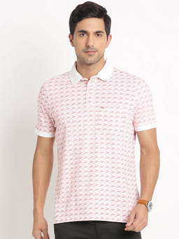 Turtle - Men Cotton Stretch Light Pink Printed Slim Fit Polo T-Shirt