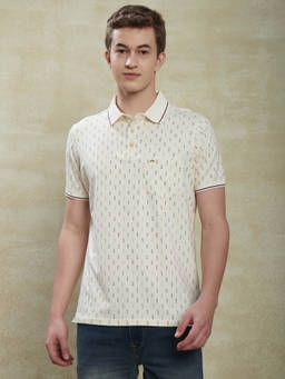 Turtle - Men Cotton Stretch Cream Printed Slim Fit Polo T-Shirt
