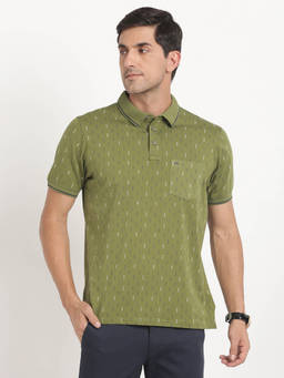 Turtle - Men Cotton Stretch Green Printed Slim Fit Polo T-Shirt