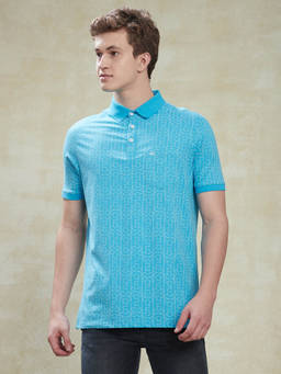 Turtle - Men Cotton Stretch Sky Blue Printed Slim Fit Polo T-Shirt