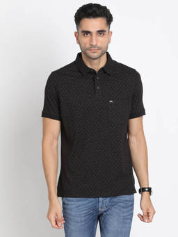Turtle - Men Cotton Stretch Black Printed Slim Fit Polo T-Shirt
