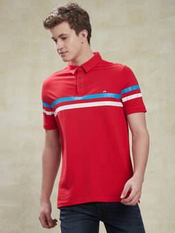 Turtle - Men Pure Cotton Red Stripe Slim Fit Polo T-Shirt