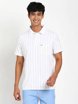 Turtle - Men Cotton Stretch White Stripe Slim Fit Polo T-Shirt