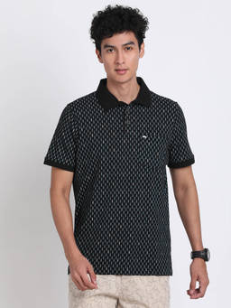 Turtle - Men Cotton Stretch Black Printed Slim Fit Polo T-Shirt
