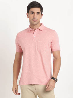 Turtle - Men Cotton Stretch Peach Printed Slim Fit Polo T-Shirt