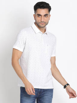 Turtle - Men Cotton Stretch White Printed Slim Fit Polo T-Shirt