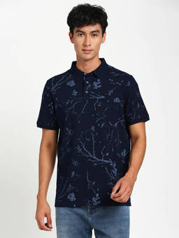 Turtle - Men Pure Cotton Navy Blue Printed Slim Fit Polo T-Shirt