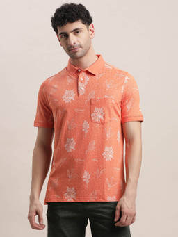 Turtle - Men Polycotton Stretch Orange Printed Slim Fit Polo T-Shirt