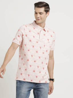 Turtle - Men Polycotton Stretch Light Pink Printed Slim Fit Polo T-Shirt