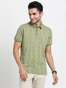 Turtle - Men Cotton Stretch Green Printed Slim Fit Polo T-Shirt