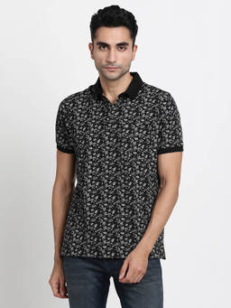 Turtle - Men Cotton Stretch Black Printed Slim Fit Polo T-Shirt