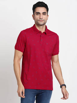 Turtle - Men Cotton Stretch Red Printed Slim Fit Polo T-Shirt