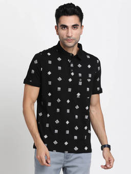 Turtle - Men Cotton Stretch Black Printed Slim Fit Polo T-Shirt