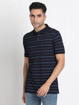 Turtle - Men Pure Cotton Navy Blue Stripe Slim Fit Polo T-Shirt