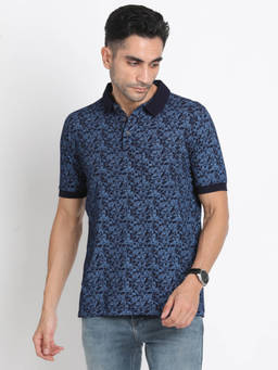 Turtle - Men Pure Cotton Blue Printed Slim Fit Polo T-Shirt