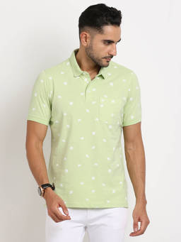Turtle - Men Knitted Pista Green Printed Slim Fit Polo T-Shirt