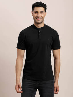 Turtle - Men Cotton Stretch Black Solid Slim Fit Henley Neck T-Shirt
