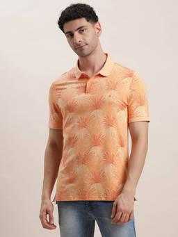 Turtle - Men Cotton Stretch Orange Printed Slim Fit Polo T-Shirt