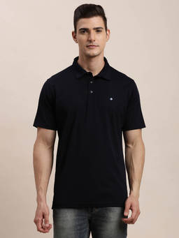 Turtle - Men Knitted Black Solid Slim Fit Polo T-Shirt