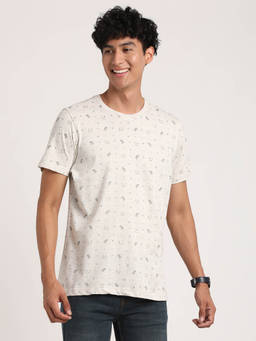 Turtle - Men Pure Cotton Grey Melange Printed Slim Fit Crew Neck T-Shirt