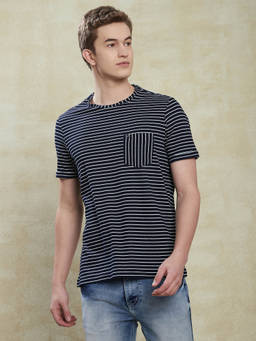 Turtle - Men Pure Cotton Navy Blue Stripes Slim Fit Crew Neck T-Shirt