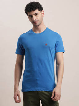 Turtle - Men Cotton Blue Solid Slim Fit Crew Neck T-Shirt