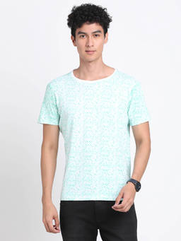 Turtle - Men Cotton Stretch Sky Blue Printed Slim Fit Crew Neck T-Shirt