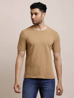 Turtle - Men Cotton Stretch Brown Solid Slim Fit Crew Neck T-Shirt