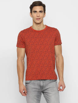 Turtle - Men Cotton Stretch Rust Printed Slim Fit Crew Neck T-Shirt