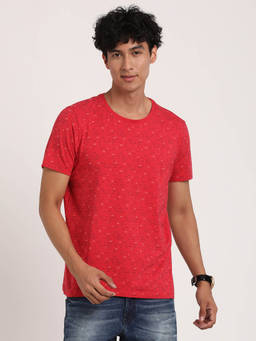 Turtle - Men Cotton Stretch Red Printed Slim Fit Crew Neck T-Shirt