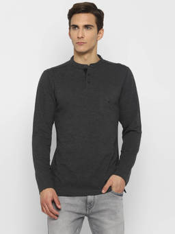 Turtle - Men Polycotton Charcoal Dobby Slim Fit Henley Neck T-Shirt