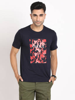 Turtle - Men Knitted Navy Printed Slim Fit Crew Neck T-Shirt