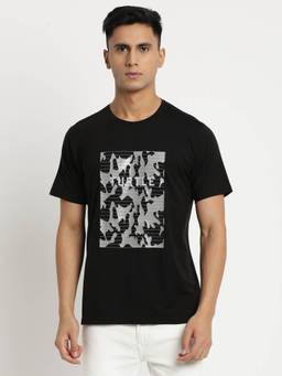 Turtle - Men Knitted Black Printed Slim Fit Crew Neck T-Shirt