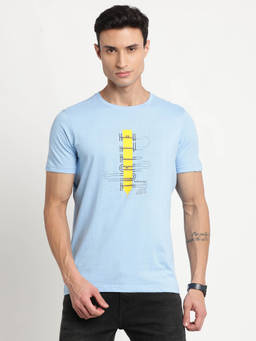Turtle - Men Knitted Sky Blue Printed Slim Fit Crew Neck T-Shirt