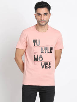 Turtle - Men Knitted Peach Printed Slim Fit Crew Neck T-Shirt