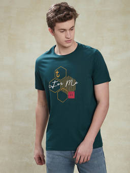 Turtle - Men Knitted Teal Blue Printed Slim Fit Crew Neck T-Shirt
