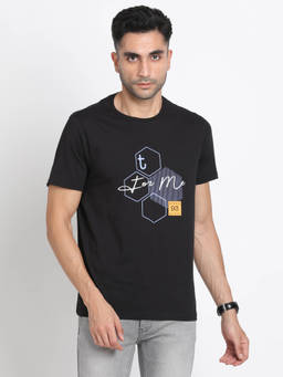 Turtle - Men Knitted Black Printed Slim Fit Crew Neck T-Shirt