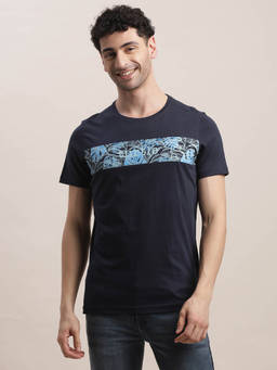 Turtle - Men Knitted Navy Blue Printed Slim Fit Crew Neck T-Shirt