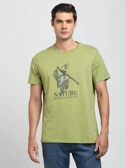 Turtle - Men Knitted Green Printed Slim Fit Crew Neck T-Shirt