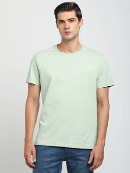 Turtle - Men Knitted Light Green Printed Slim Fit Crew Neck T-Shirt