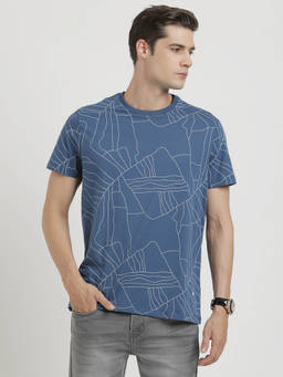 Turtle - Men Knitted Blue Printed Slim Fit Crew Neck T-Shirt
