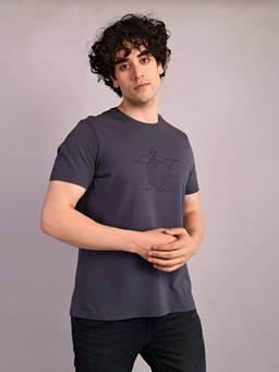 Turtle - Men Cotton Stretch Grey Printed Slim Fit Crew Neck T-Shirt