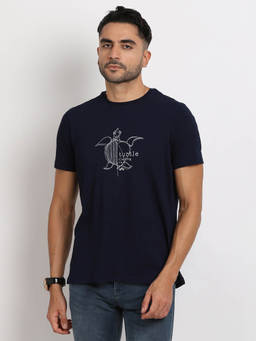 Turtle - Men Cotton Stretch Navy Printed Slim Fit Crew Neck T-Shirt