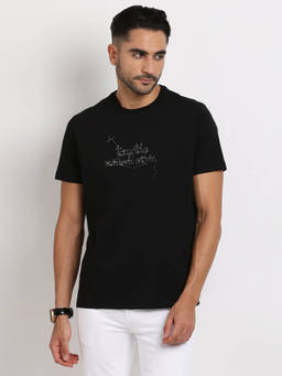 Turtle - Men Cotton Stretch Black Printed Slim Fit Crew Neck T-Shirt