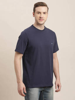 Turtle - Men Cotton Stretch Navy Blue Solid Slim Fit Crew Neck T-Shirt